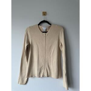 Vintage 90s Silk Blend Ribbed Zip Cardigan Beige  90s Minimalist Style Size M
